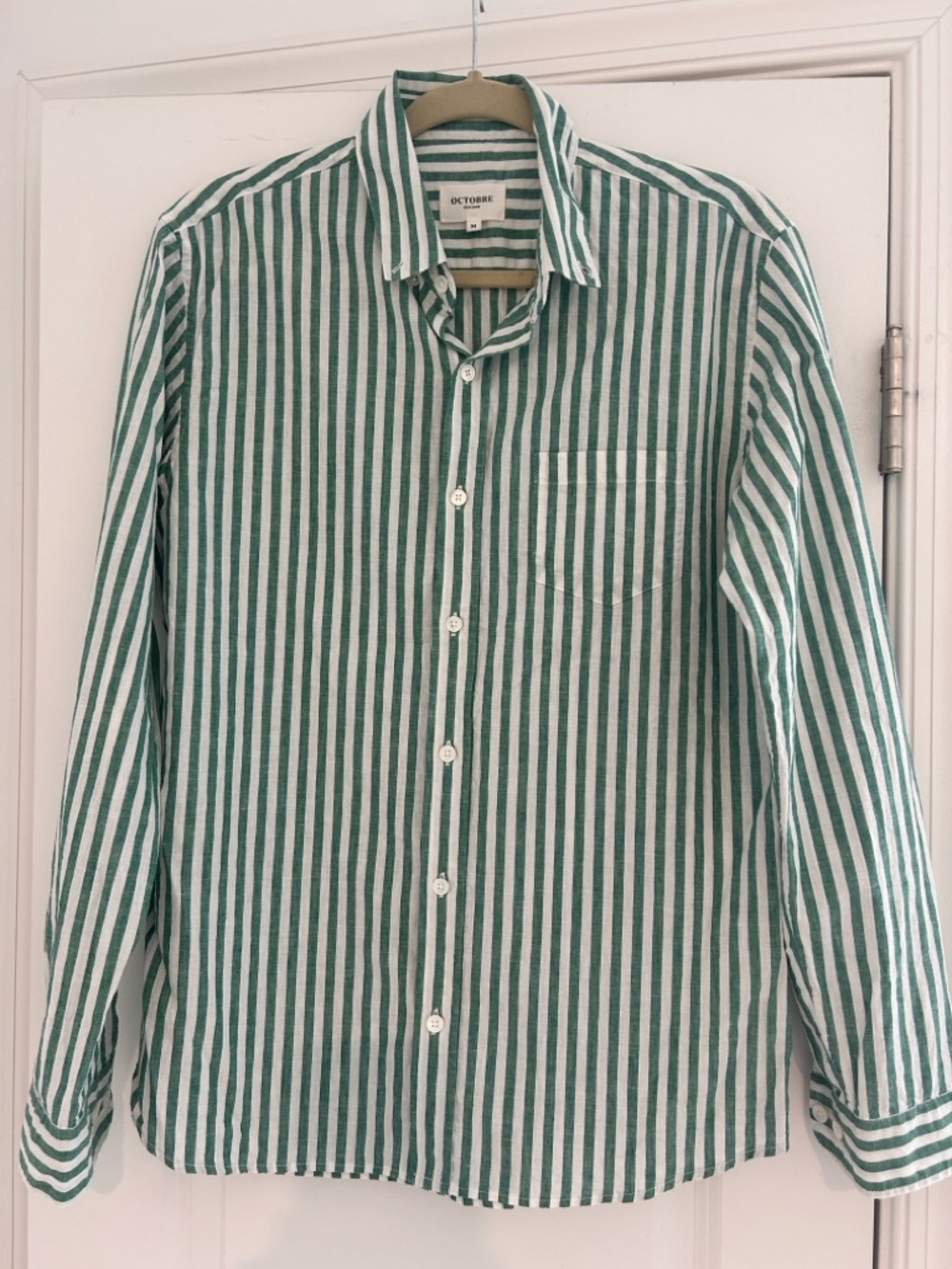 Sezane octobre Cotton Linen Charlie Shirt White / Green Stripes - Size M